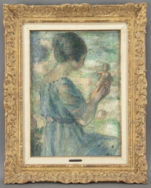 Henri Lebasque, "Jeune fille la poupe antique" oil: Henri Lebasque, "Jeune fille la poupe antique" oil on canvas, 1917. Signed lower right "H. Lebasque". Canvas: 23.25''H x 17''W; Frame: 31.5''H x 25''W. Provenance: Christie's New York, May 5 1998, Lot