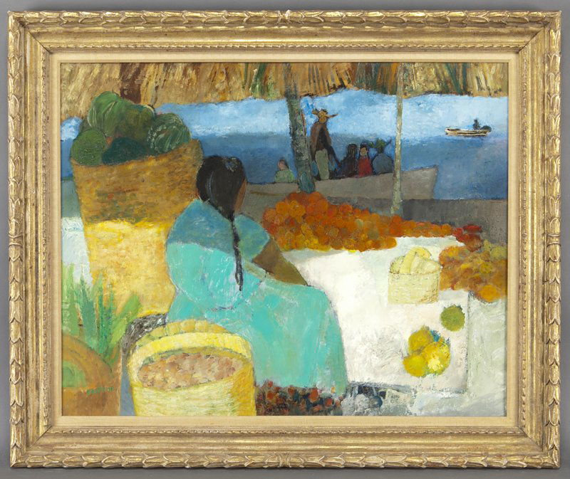 Guy Bardone, "Femme aux Paniers, Janitzio" oil on: Guy Bardone, "Femme aux Paniers, Janitzio" oil on canvas, 1965. Signed lower left "Bardone", dated "65" and signed on canvas verso, titled on stretcher verso. Canvas: 28.75''H x 36.25''W; Frame: 36''H