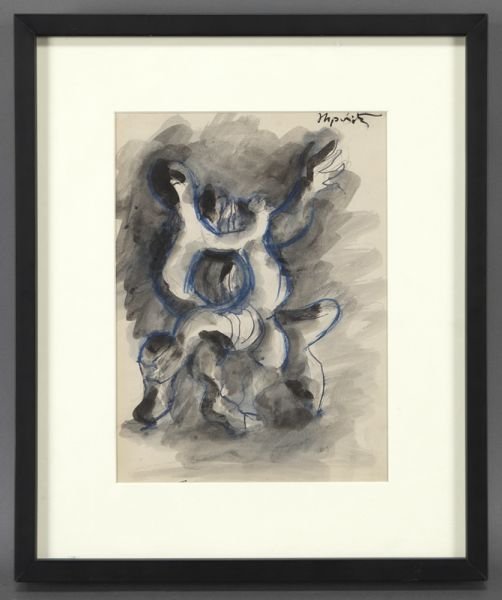 Jacques Lipchitz, "Prometheus et le vautour" brush: Jacques Lipchitz, "Prometheus et le vautour" brush and black ink and gray wash, pen and blue ink and colored wax crayons on paper. Signed upper right "JLipchitz". Sheet: 11.625''H x 8.75''W; Frame: 17