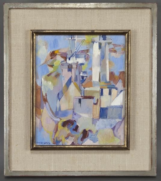 Claude Schurr, "Le phare d'Eckmuhl" oil on canvas.: Claude Schurr, "Le phare d'Eckmuhl" oil on canvas. Signed lower left "Claude Schurr"; titled and signed on stretcher verso. Canvas: 10.5"H x 9"W; Frame: 16.5"H x 14.5"W. Provenance: Private collection