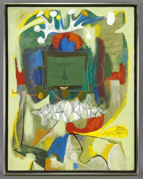 Byron Browne, "Jester" oil on canvas, 1950.: Byron Browne, "Jester" oil on canvas, 1950. Signed and dated lower right "1950 Byron Browne"; signed, titled, dated and inscribed "N.Y.C." on canvas verso. Canvas: 26''H x 20''W; Frame: 27.25''H x 21.