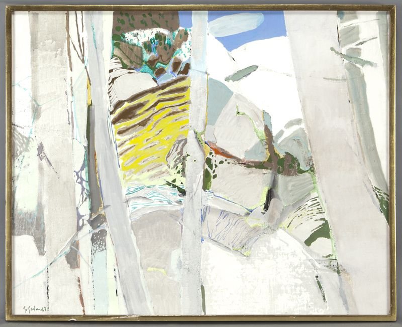 Gabriel Godard, "Arbres gris" oil on canvas, 1971.: Gabriel Godard, "Arbres gris" oil on canvas, 1971. Signed and dated lower left "G. Godard. 71". Canvas: 32''H x 39.5''W; Frame: 32.75''H x 40.25''W. Provenance: David Findlay Galleries, New York (labe