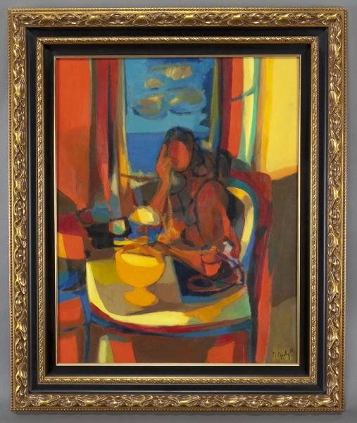 Marcel Mouly, "La Japonaise" oil on canvas, 1973.: Marcel Mouly, "La Japonaise" oil on canvas, 1973. Signed and dated lower right "M. Mouly 73"; signed, titled, dated and inscribed "Paris" on the verso. Canvas: 36.5''H x 28.75''W; Frame: 47''H x 39.25