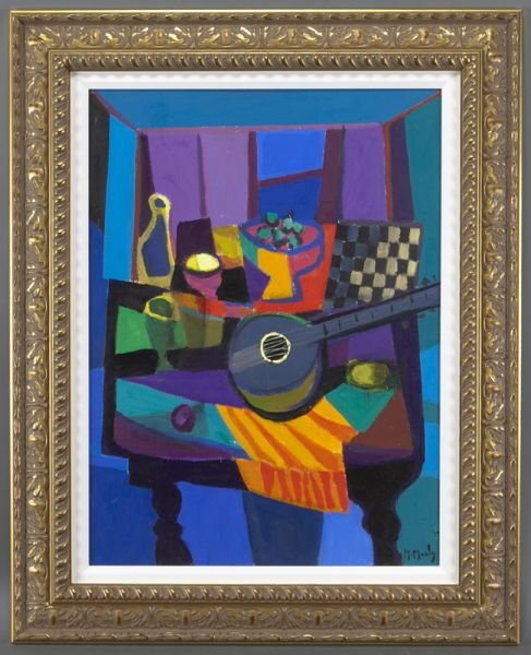 Marcel Mouly, "Le Bouzouki a l'Echiquier" acrylic: Marcel Mouly, "Le Bouzouki a l'Echiquier" acrylic on paper laid on canvas, 1999. Signed and dated lower right "M. Mouly 99"; titled on canvas verso. Canvas: 30.5''H x 22.5''W; Frame: 39.75''H x 32"W.