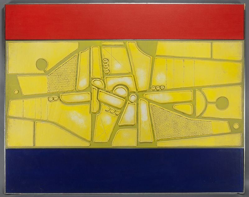 Paul Maxwell, "NBC-39" mixed media on canvas: Paul Maxwell, "NBC-39" mixed media on canvas mounted on three panels, 1976. Signed and dated lower right "PMAXWELL-76". With "Banc Texas, Dallas" inventory label on the reverse. Overall: 64.25''H x 81