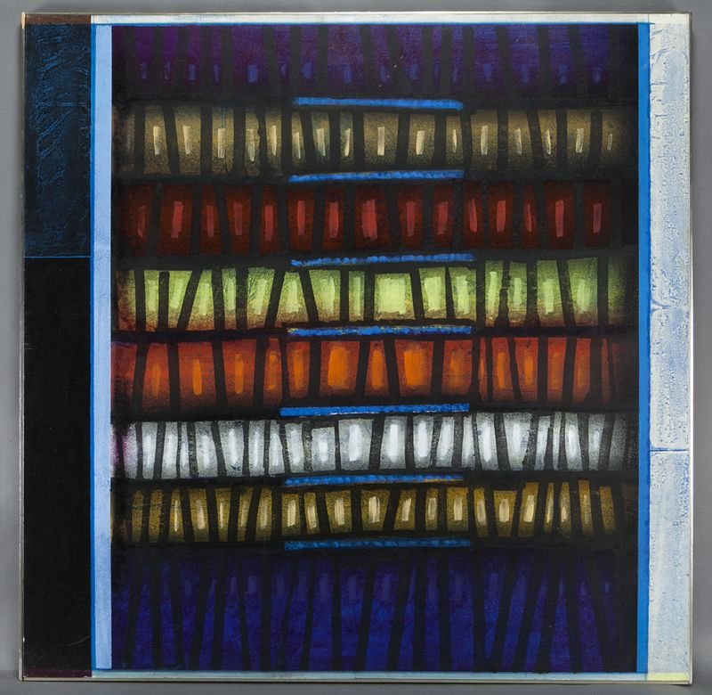 Paul Maxwell, "NBC-3" mixed media on canvas: Paul Maxwell, "NBC-3" mixed media on canvas mounted on panel. Unsigned. With "Banc Texas, Dallas" inventory label on the reverse. Canvas: 64"H x 64"; Frame: 66" H x 66"W. Paul E. Maxwell (American/Cal