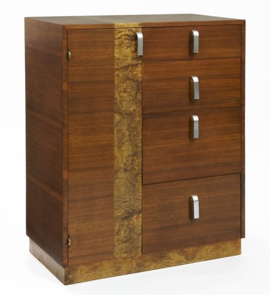 Gilbert Rohde for Herman Miller walnut valet,: Gilbert Rohde for Herman Miller walnut valet, the early Rohde design with rare brushed chrome and wood pulls, contrasting walnut and burl pattern in a vertical stripe to the body, with original hinges