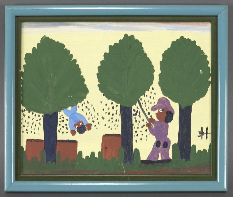 Attributed to Clementine Hunter, "Pecan Threshing": Attributed to Clementine Hunter, "Pecan Threshing" oil on canvas board. Monogrammed at right center edge. With framer's label on the reverse "The Waddell Company, Shreveport, LA". Board: 8''H x 10''W;