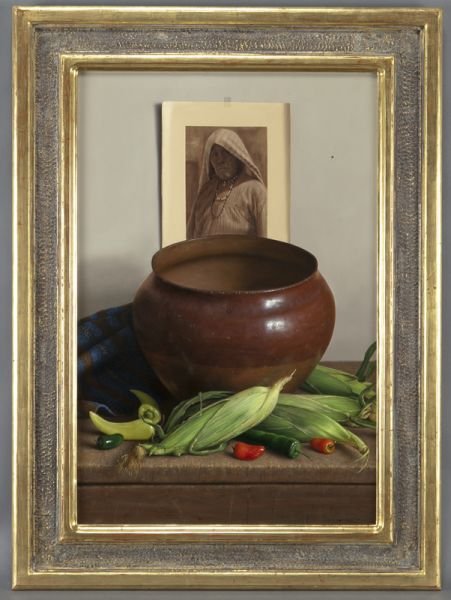 William Acheff, "Sweet Corn and Hot Chile" oil: William Acheff, "Sweet Corn and Hot Chile" oil on canvas, 1994. Signed, titled and dated on canvas overlap "Wm. Acheff 1994". Canvas: 30"H x 20"W; Frame: 38''H x 28''W. Provenance: Altermann and Morri