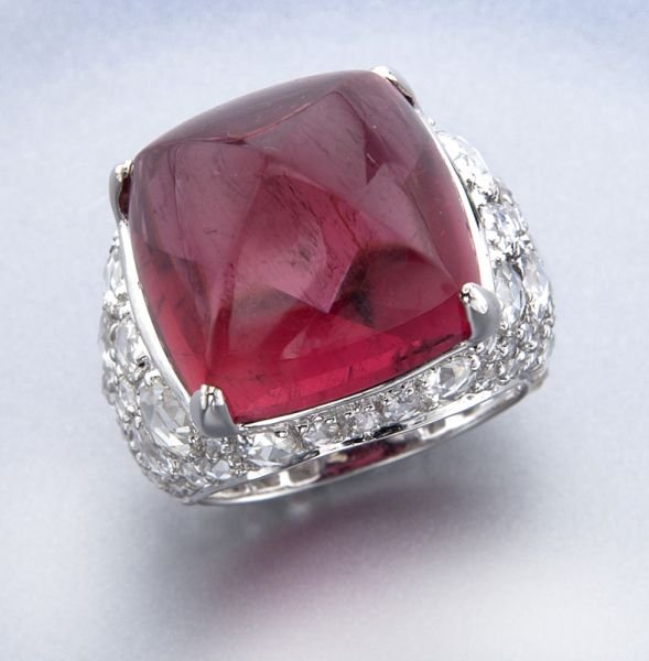 John Hardy 18K gold, diamond and tourmaline ring,: John Hardy 18K gold, diamond and tourmaline ring, featuring a central red tourmaline, 21.0 cts. approximate, accented by modified rose cut diamonds, 3.20 cts. approximate total, G-H color, VS2-SI1 cla