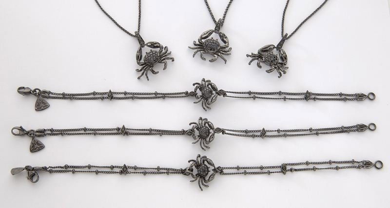 6 Pcs. Stephen Webster 18K, diamond crab jewelry: 6 Pcs. Stephen Webster 18K, diamond crab jewelry including (3) "jewels verne" crab bracelets, each with 16 round brilliant cut black diamonds, .16 cts. approximate total, in 18K white gold with rhodiu