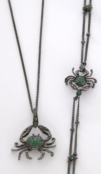 2 Pcs. Stephen Webster 18K and garnet crab jewelry: 2 Pcs. Stephen Webster 18K and garnet crab jewelry including (1) "jewels verne" crab bracelet, with 16 round cut tsavorite garnets, .16 cts. approximate total, in 18K white gold with rhodium plating,