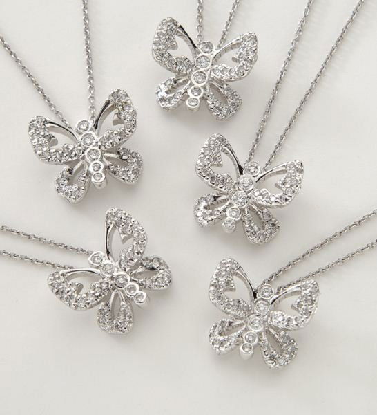 (5) Roberto Coin 18K and diamond necklaces: (5) Roberto Coin 18K and diamond necklaces in butterfly form, each having 37 round brilliant cut diamonds, .38 cts. approximate total each, G-H color, VS2-SI1 clarity, mounted in 18K white gold and on