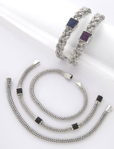 (5) John Hardy sterling and gem-set bracelets,: (5) John Hardy sterling and gem-set bracelets, including (3) topaz, (1) garnet and (1) amethyst. Stamped, "JH 925" and "Hardy." 111.2 grams total weight. Provenance: The estate of a gentleman, Dallas,