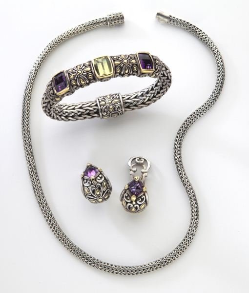 3 Pcs. John Hardy 18K, sterling, amethyst jewelry: 3 Pcs. John Hardy 18K, sterling, amethyst jewelry comprising: (1) necklace, 16''L; (1) bracelet, 8''L; and (1) pair of earrings, .75''L. All mounted with amethyst. Bracelet stamped, "JH 18K 925." 118
