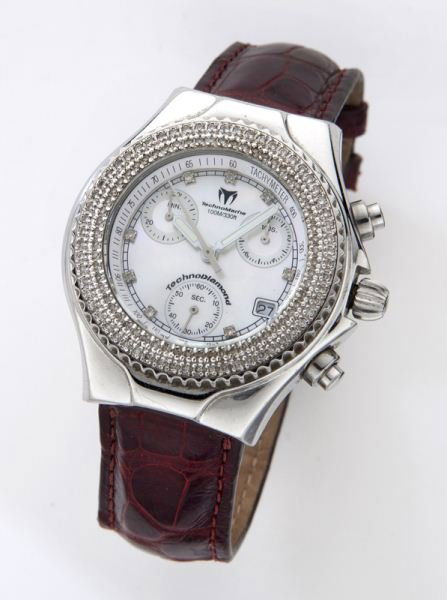 Women's TechnoMarine TechnoDiamond chronograph: Women's TechnoMarine TechnoDiamond chronograph watch with a diamond set bezel, a mother-of-pearl dial, a stainless case, and a burgundy alligator band. Circa - Late 20th C.