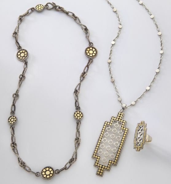 3 Pcs. John Hardy 18K and sterling "Dot" jewelry,: 3 Pcs. John Hardy 18K and sterling "Dot" jewelry, including: (1) link necklace, 24''L; (1) necklace with pendant, chain 36''L and pendant 3.75''L; and (1) ring, size 7. Stamped, "John Hardy 925 750."