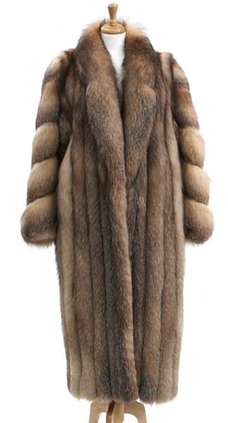 Oscar de la Renta fox fur full length coat,: Oscar de la Renta fox fur full length coat, the long-haired pale red fox fur with vertical bands to the body and striking diagonally banded sleeves, rolled shawl collar, hook closures to the front, me