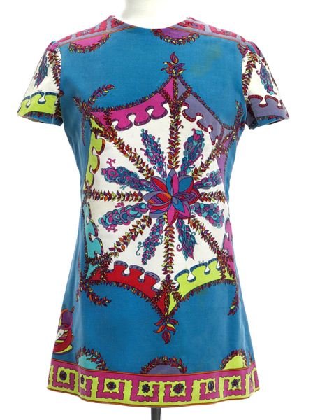 Retro Emilio Pucci size 10 printed velvet shift: Retro Emilio Pucci size 10 printed velvet shift with cap sleeves in a blue, white, magenta, black, yellow and green design, measuring 29.5" long. Circa - 1965.