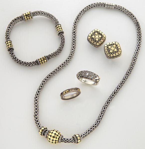 5 Pcs. John Hardy 18K and sterling silver jewelry: 5 Pcs. John Hardy 18K and sterling silver jewelry in the "Dot" pattern comprising: (1) necklace, 16''L; (1) bracelet, 7.5''L; (1) pair of earrings; and (2) rings, sizes 5 and 7. Stamped, "JH 18K 925."