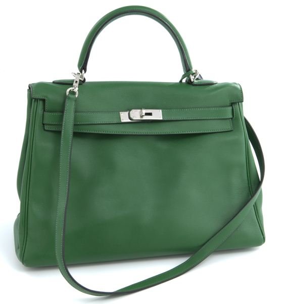 Hermes 35 cm Vert Bengale Swift leather Kelly Bag: Hermes 35 cm Vert Bengale Swift leather Kelly Bag with palladium hardware. Stamped for "Hermes, Paris, Made in France" and dated "N" for 2010. 14.75"H x 14"L x 5.25"W, Circa - 2010.