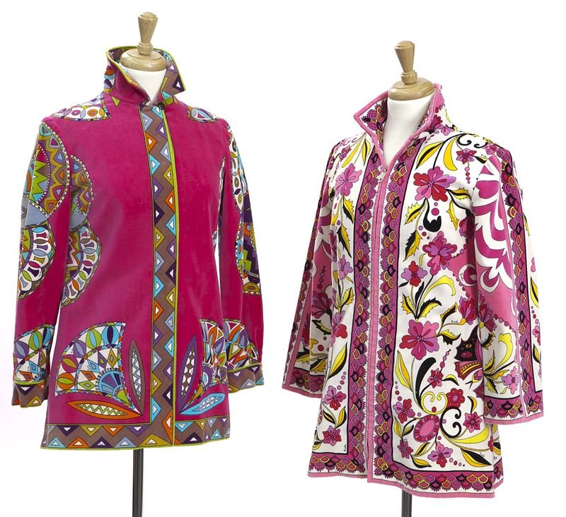 (2) Retro Emilio Pucci size 10 printed velvet: (2) Retro Emilio Pucci size 10 printed velvet jackets, both in pink designs, with zipper closure to the front, the darker measuring 26" long from the collar with sleeves measuring 21.75" long, the lig