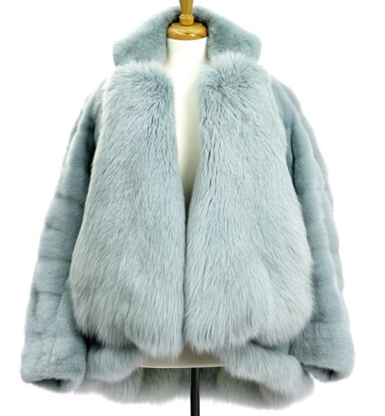 Galliano aqua mink fur jacket: Galliano aqua mink fur jacket with fox lapels to the jacket dyed to match the body, which measures 31" long at the back, 25" long at the sleeve. Circa - Late 20th C.