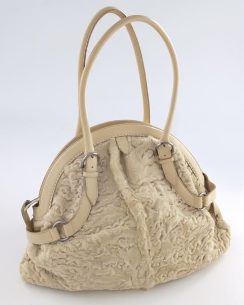 Ferragamo large lambskin tote: Ferragamo large lambskin tote with beige leather straps and trim and silver tone hardware, zippered closure to the top, beige taffeta interior with one zipper pocket and one large slip and one for cel