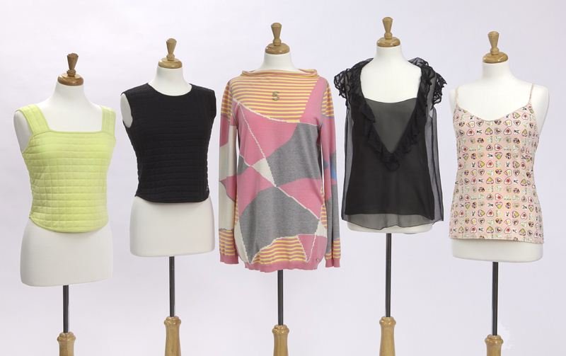 (5) Chanel tops: (5) Chanel tops comprising: (1) green quilted sleeveless top, size 42; (1) black quilted sleeveless top, size 40; (1) printed jersey camisole, size 40; (1) printed pink sweater with a jewel encrusted 
