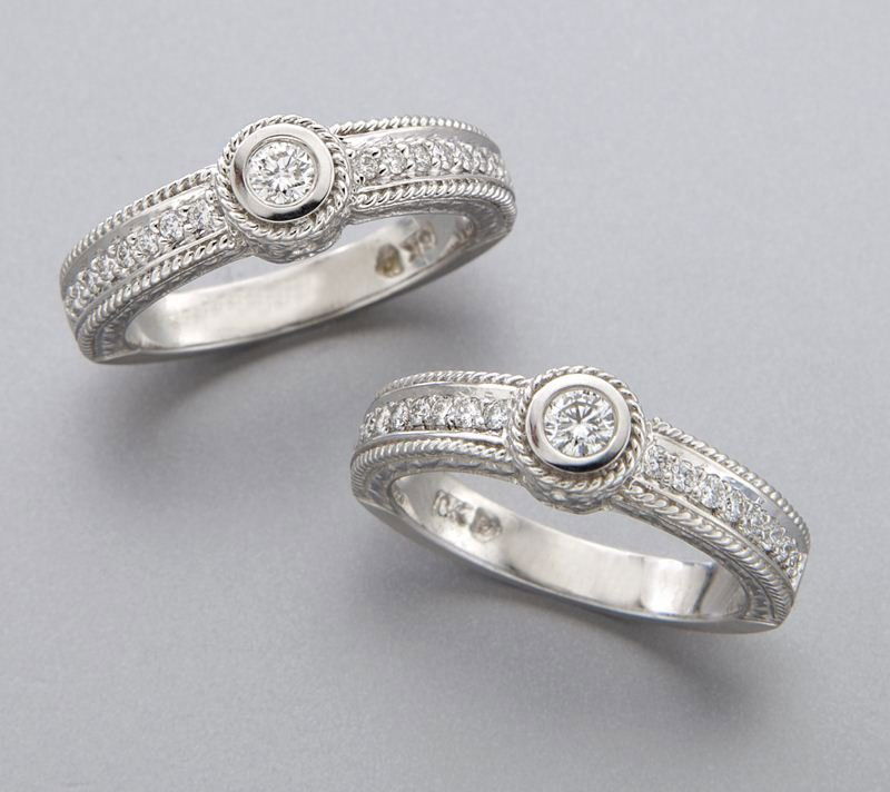 (2) Penny Preville, 18K gold and diamond rings,: (2) Penny Preville, 18K gold and diamond rings, each with 17 round brilliant cut diamonds mounted in 18K white gold. Stamped, "18K PP." 11.2 grams total weight. Provenance: The estate of a gentleman,
