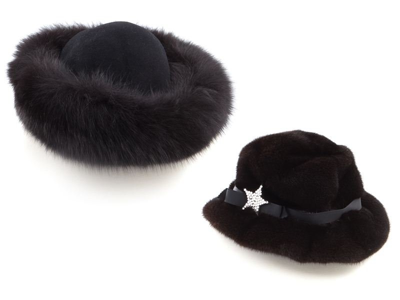 (2) Black fur hats,: (2) Black fur hats, comprising: (1) black mink with a grosgrain ribbon band with rhinestone star, 6.25''H x 7" Dia.; and (1) of black felt with black fox fur to the outer rim, 6.25''H x 6.75" Dia. Cir