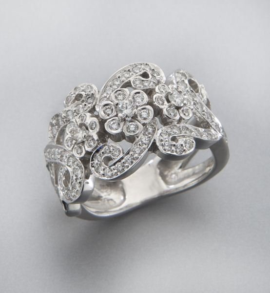 Penny Preville 18K white gold and diamond ring,: Penny Preville 18K white gold and diamond ring, featuring 90 round brilliant cut diamonds, .94 cts. approximate total. Stamped, "18K PP." 8.1 grams. Provenance: The estate of a gentleman, Dallas, Texa