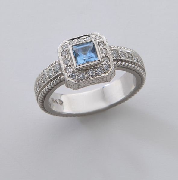 Penny Preville 18K gold, aquamarine and diamond: Penny Preville 18K gold, aquamarine and diamond ring, featuring a square cut aquamarine, .30 cts. approximate, accented by 28 round brilliant cut diamonds, .30 cts. approximate total, in an 18K white