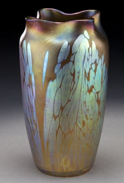 Loetz Glass oil spot vase: Loetz Glass oil spot vase with pinched upper rim, pontil spot to the bottom. Unsigned. 8.5"H, Circa - 1900.