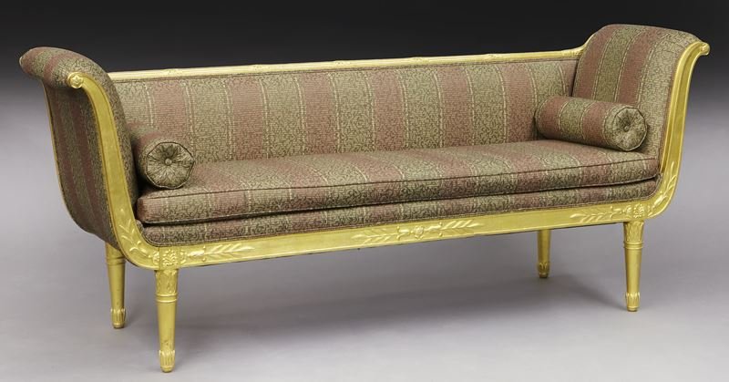 Classical Louis XVI style giltwood settee: Classical Louis XVI style giltwood settee with scrolled arms and with carved clasp mounted reeded horizontal crestrail, terminating in high scrolled arms, headed by rosettes and carved lower laurel pa