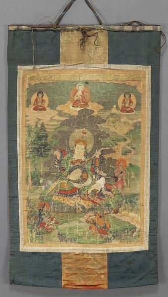 Chinese-Tibetan Qing polychrome painted thankga: Chinese-Tibetan Qing polychrome painted thankga depicting Buddhist figures. Site: 24.5"H x 16.5"W, Circa - 17th - 18th C.