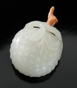 Chinese Qing carved white jade snuff bottle: Chinese Qing carved white jade snuff bottle depicting a lychee fruit. 1.5"H x 1.675"W, Circa - 18th- 19th C.