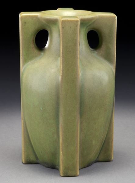 Teco Pottery 4-buttress vase: Teco Pottery 4-buttress vase in celadon green. Stamped "TECO" twice to the bottom. 7"H, Circa - Early 20th C.