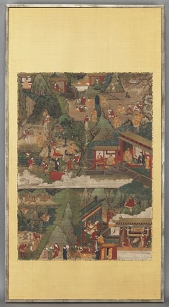 Chinese Qing watercolor on silk framed scroll: Chinese Qing watercolor on silk framed scroll depicting Buddhist stories. Site: 28.5"H x 20.5"W, Frame: 45.5"H x 24.25"W, Circa - 18th - 19th C.
