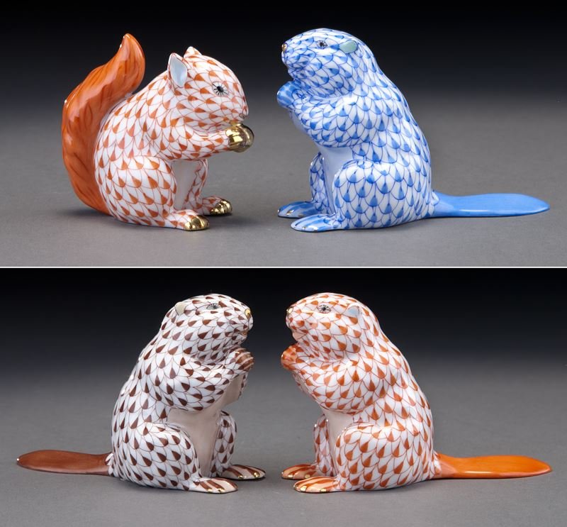 4 Pcs. Herend porcelain inclu: (1) squirell and: 4 Pcs. Herend porcelain inclu: (1) squirell and (3) beavers. Each stamped for Herend Porcelain. 2.75" H (beavers), 2.5" H (squirrel), Circa - 2000.