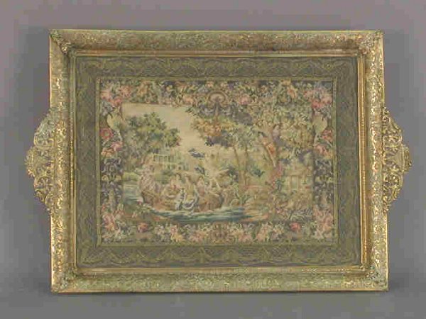 Ormolu framed embroidered perfume tray