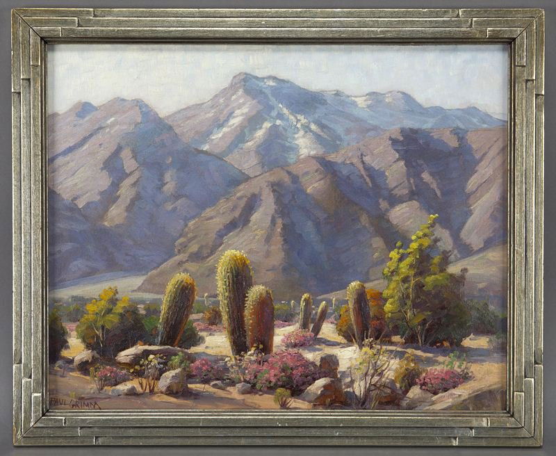 Paul Grimm, "Barrel Cacti in Devils Garden" oil on: Paul Grimm, "Barrel Cacti in Devils Garden" oil on board. Signed lower left "Paul Grimm". Board: 16"H x 20"W; Frame: 18.5"H x 22.5"W. Paul Grimm (American, 1891-1974).