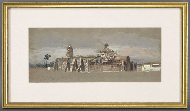 Samuel Coleman, "Church of San Fernando, City of: Samuel Coleman, "Church of San Fernando, City of Mexico" watercolor on paper, 1892. Titled and dated lower left "The Church of San Fernando, City of Mexico March 15, 1892". Paper: 8"H x 18.75"W; Frame
