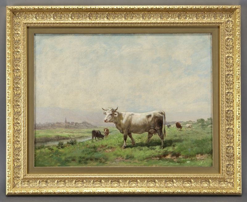 Rosa Bonheur "Landscape with cattle" oil painting: Rosa Bonheur "Landscape with cattle" oil painting on canvas. Signed lower right, "Rosa Bonheur". Canvas: 19.25"H x 25.5"W; Frame: 26.5"H x 32.75"W. Rosa Bonheur (French, 1822-1899).