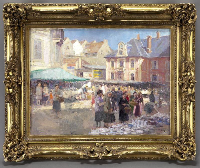 Edouard Cortes, "Marché de Lagny" oil on canvas.: Edouard Cortes, "Marché de Lagny" oil on canvas. Signed lower right "E. Cortes". Inscribed en verso "Cortes Ed Marché de Lagny". Canvas: 19.75"H x 25.5"W; Frame: 26.75"H x 32.75"W. Provenance: 1969,