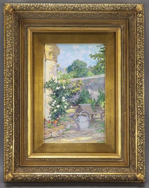 Edouard Cortes, "Coin de jardin, Lagny" gouache: Edouard Cortes, "Coin de jardin, Lagny" gouache on paper board laid on panel. Sheet: 18.375" x 10.875"; Frame: 31"H x 24.5"W. Provenance: 1969, Atelier Edouard Cortes; Collection Particuliere, France;
