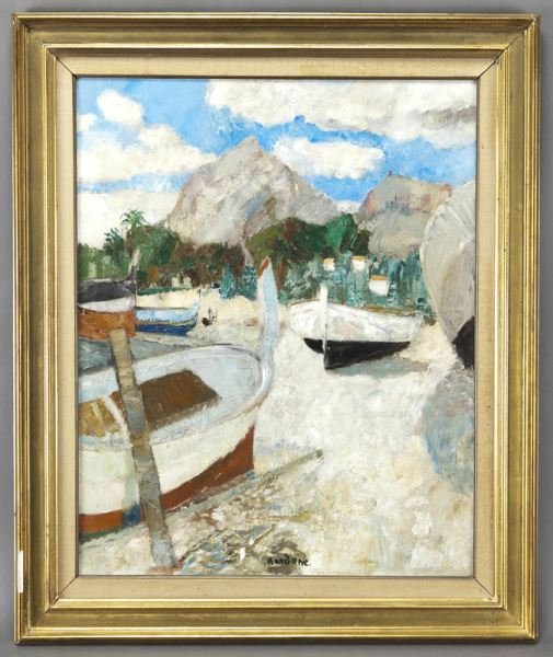 Guy Bardone, "Barques à Altea" oil on canvas,: Guy Bardone, "Barques à Altea" oil on canvas, 1958. Signed lower center "Bardone". Inscribed en verso "G. Bardone 58 Barques à Altea". Canvas: 32"H x 25.25"W; Frame: 39.5"H x 33"W. Provenance: Marlb