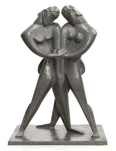 Jacques Lipchitz, "The Meeting" lead sculpture,: Jacques Lipchitz, "The Meeting" lead sculpture, 1913. Inscribed, "J Lipchitz 1913" with the artist's thumbprint. 31.5"H. Provenance: Otto Gerson Gallery- acquired from the artist; Marlborough-Gerson G