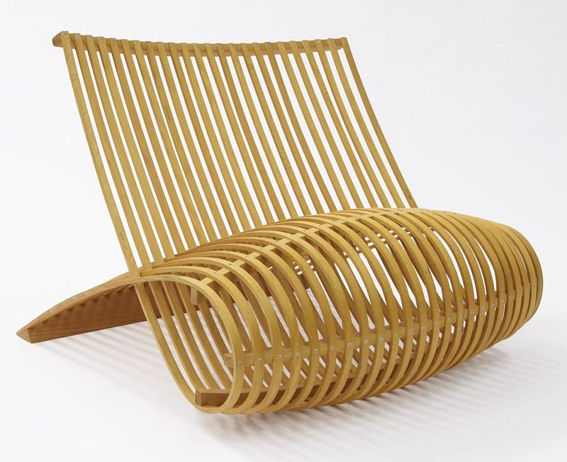Marc Newson for Cappellini modern wood chair: Marc Newson for Cappellini modern wood chair of uniform strips of bent natural beech heartwood. 26.5" H x 34" W x 41" D (14" H seat). Circa: 1988-1992. Mark Newson, (Australian, b. 1963).