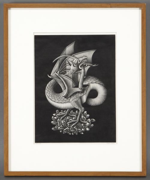 M. C. Escher, "Dragon" wood engraving, 1952.: M. C. Escher, "Dragon" wood engraving, 1952. Signed lower left "MC Escher". Inscribed lower right "Eigendruk". Sheet: 12.625"H x 9.5"W; Frame: 20"H x 16.5"W. Literature: F.H. Bool, "M.C. Escher, His L